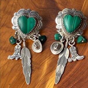 Vintage Sterling silver Malachite  heart shaped western earrings